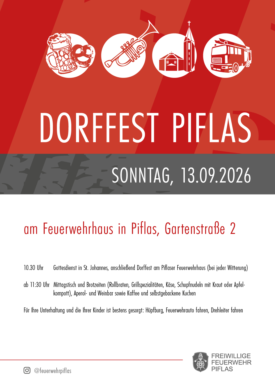 Einladung zum Dorffest der Freiwilligen Feuerwehr Piflas am Sonntag, 13. September 2026